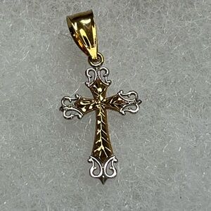 10K Yellow & White Gold Ornate Filigree  Cross Pendant Two Tone 0.42g Solid Gold